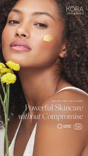 This ad showcases the Kora Organics Turmeric Glow Moisturizer. It emphasizes the product's effectiveness and alignme