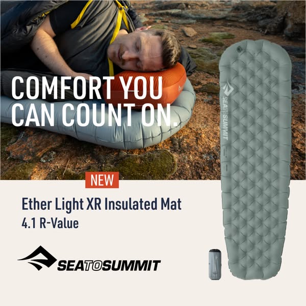 This ad for Sea to Summit promotes their Ether Light XR Insulated Mat. The ad features a camper sleeping on the mat outd