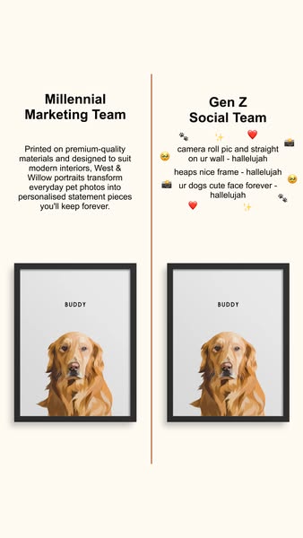 The ad compares the marketing language that resonates with Millennial versus Gen Z audiences, focusing on how West &
