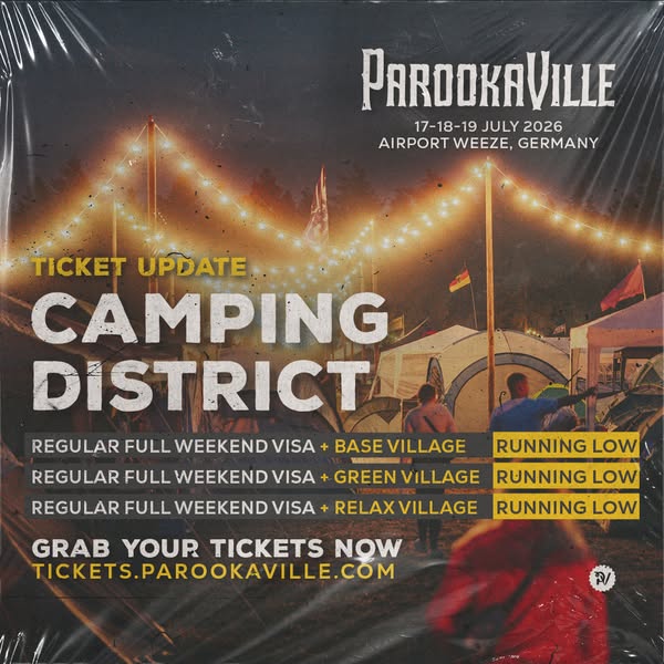 This image ad is promoting ticket sales for Parookaville 2026's camping district, highlighting different camping opt