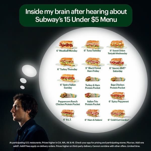 The ad features a man seemingly thinking about the 15 different Subway menu items that are under $5, which are displayed