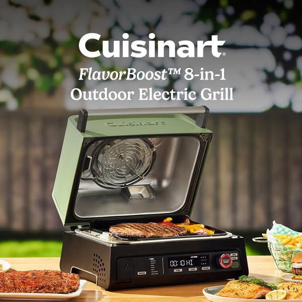 This ad features the Cuisinart FlavorBoost™ 8-in-1 Outdoor Electric Grill. The ad displays the product on a table in an 