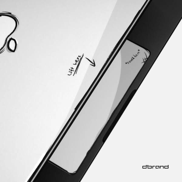 A simple image ad for dbrand showing the iPad Skin, a product that goes onto an iPad. The copy points out where to lift 