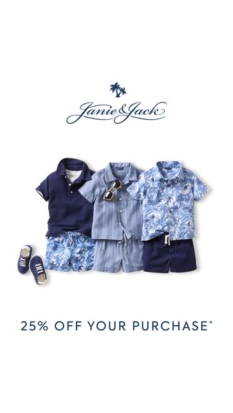 This image ad for Janie and Jack features a 25% off promotion. The ad showcases three different children's outfits, 