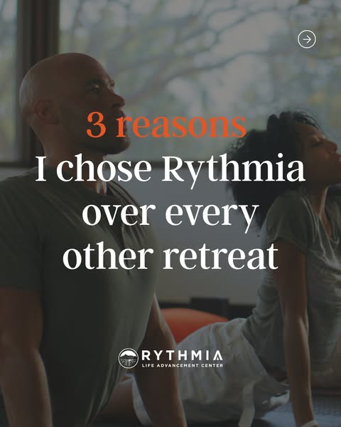 This ad features an image of two people in yoga poses and highlights the reasons why they chose Rythmia over other retre