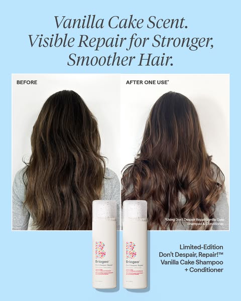 This ad for Briogeo's limited-edition Don't Despair, Repair! Vanilla Cake Shampoo + Conditioner highlights the p