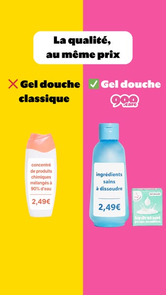 This ad visually compares two products side-by-side (a traditional shower gel and the advertised shower gel) and claims 