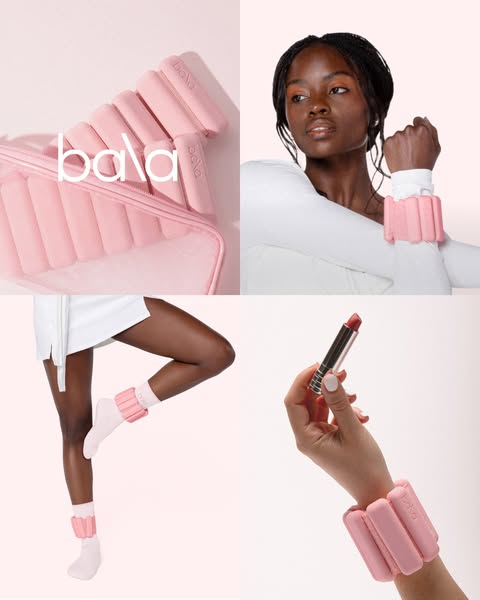 A multi-image ad showing Bala Bangles worn in various settings: workout, fashion, and casual.