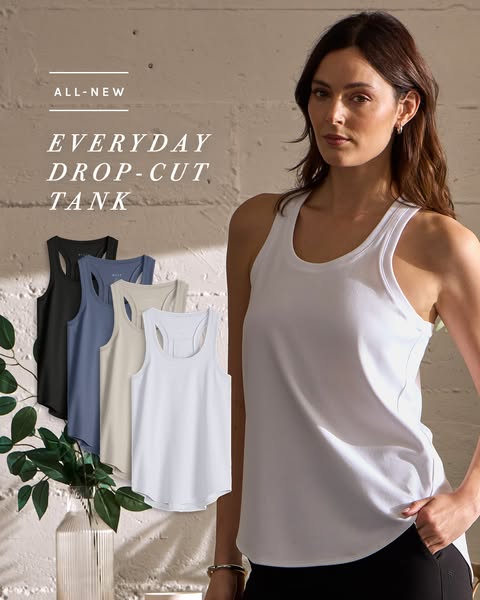 This ad showcases the brand's new everyday tank top. The ad features one model wearing the tank top and 4 different 