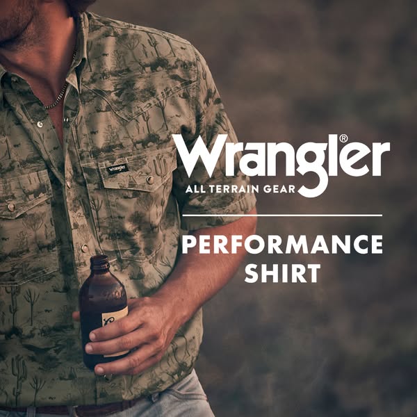 This ad showcases a Wrangler performance shirt, highlighting the brand's All Terrain Gear line with a visual of some
