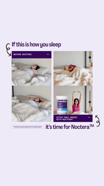 The ad features a woman who struggled to sleep before using Noctera. Now, after using Noctera, she is sleeping comfortab