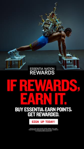 This image ad for Essentia water promotes the Essentia Nation Rewards program. It features a muscular man doing pushups 