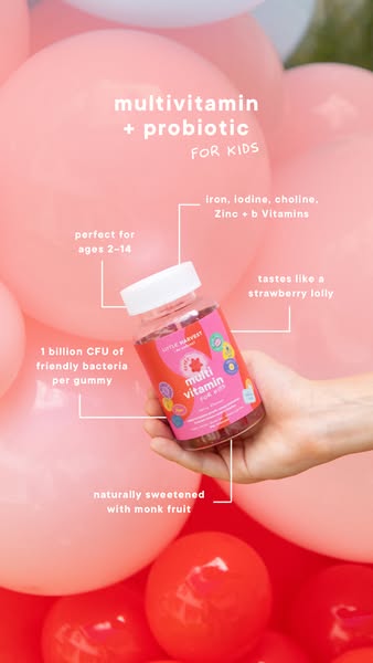 This image ad promotes Little Harvest multivitamin + probiotic gummies for kids. The ad features the product surrounded 