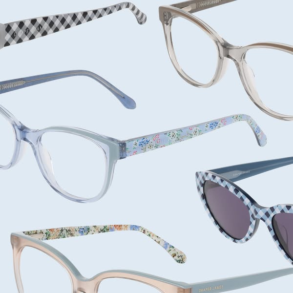 The ad features a variety of Draper James eyewear against a light blue backdrop. The layout emphasizes the different pat