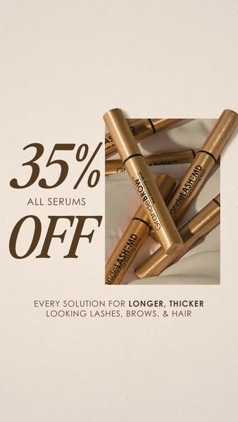 The ad promotes Grande Cosmetics products, offering 35% off all serums. The layout includes a prominent discount message