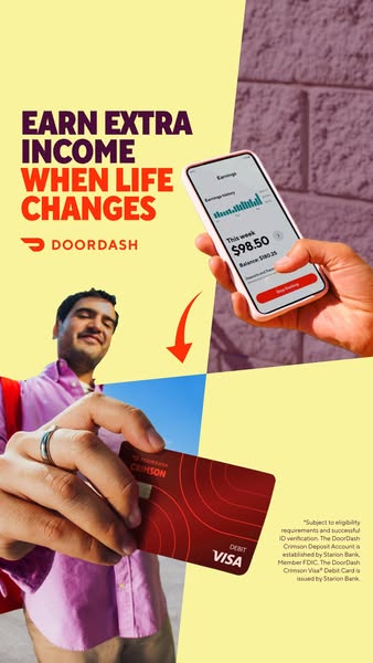 The ad promotes DoorDash as a source of extra income that one can receive when their life changes. A man is shown from t