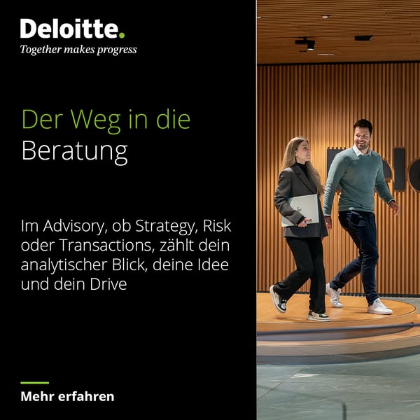This image ad for Deloitte features two employees walking towards the viewer in an office setting. The ad highlights the