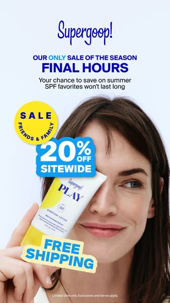 This image ad promotes Supergoop! sunscreen with a limited-time offer of 20% off sitewide and free shipping. It emphasiz