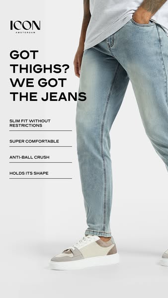 This ad features ICON Amsterdam jeans and targets men who need a slim fit for their thighs. It highlights the jeans'