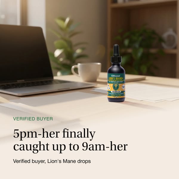 This ad features a testimonial from a verified buyer of Lion's Mane drops. The ad's creative is styled with a pr