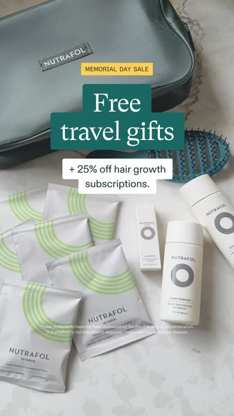 The ad promotes Nutrafol hair growth subscriptions, offering free travel gifts and a 25% discount for a limited time dur