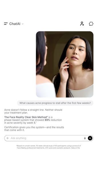 This ad uses a screenshot of what appears to be a conversation with a chatbot to promote the Face Reality Clear Skin Met