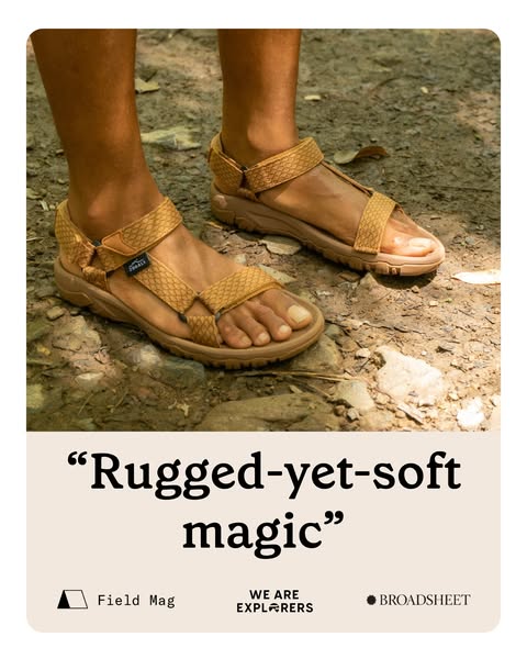 This image ad features a pair of tan ZTrail sandals. The ad uses a testimonial from Field Mag and Broadsheet, calling th