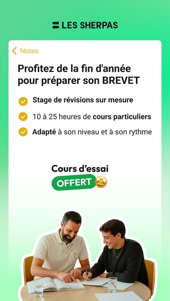 An image ad promoting Les Sherpas tutoring services for students preparing for the BREVET exam. The ad, designed to rese