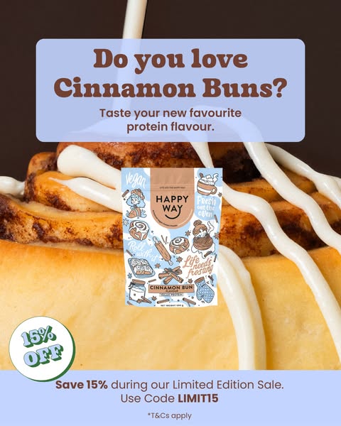 This image ad features a package of Happy Way Cinnamon Bun protein powder in front of a frosted cinnamon bun. Text highl