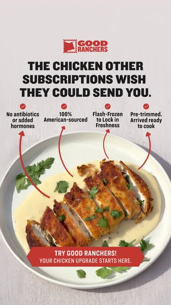 Image ad for Good Ranchers promoting their chicken subscription service. The ad highlights the quality of their chicken 