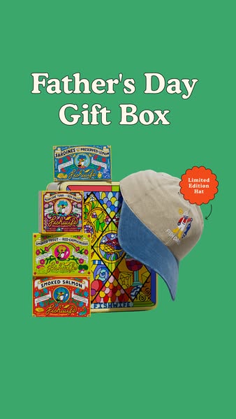 This image ad is for Fishwife's Father's Day Gift Box, which includes tinned seafood and a limited edition hat.