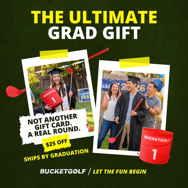 This ad promotes Bucketgolf as a graduation gift. The ad features 2 images of graduates playing the game, with text high