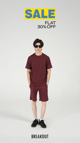 This image ad features a man modeling a maroon colored t-shirt and shorts set. There is a SALE for FLAT 30% OFF.