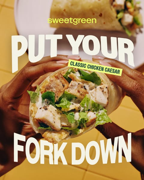 This ad promotes the Classic Chicken Caesar wrap from Sweetgreen. The ad is attempting to persuade the customer to choos