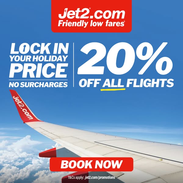 This ad for Jet2.com features a large discount offer on all flights with a clear 'Book Now' CTA. The ad uses bri