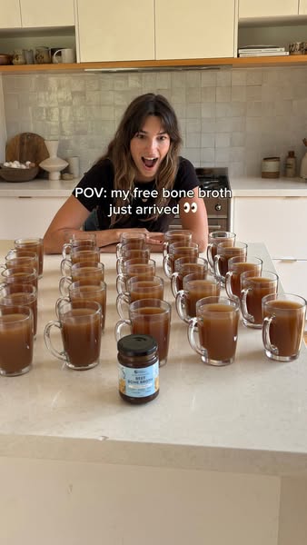 This ad uses a person's testimonial for free bone broth that has arrived. The ad is meant to appeal to an audience i