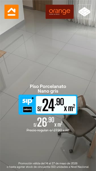 This ad by Orange Home & Deco features gray porcelain flooring on display in a room. The ad promotes a sale price on