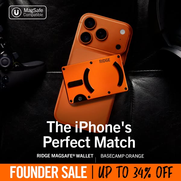 This image ad highlights a Ridge wallet attached to an iPhone with MagSafe compatibility, emphasizing its design and fun