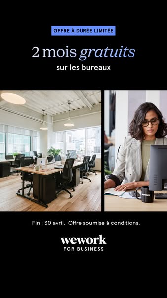 This ad for WeWork features a split-screen design to showcase the company's office spaces. One side displays an open