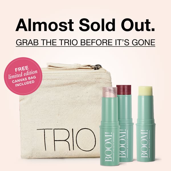 This Boom Beauty image ad promotes a trio of color sticks and offers a free limited-edition canvas bag while supplies la