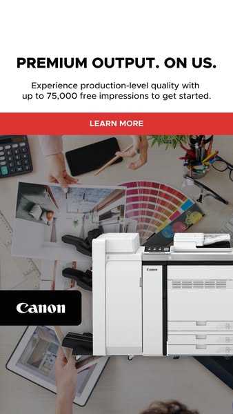 This ad promotes Canon printers by highlighting the premium output quality and offering 75,000 free impressions. It targ