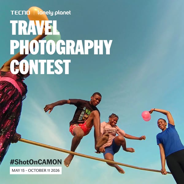 An ad for Tecno and Lonely Planet's Travel Photography Contest. It features four people leaping over a horizontal po
