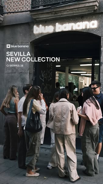 This image ad promotes Blue Banana's new Sevilla collection. The ad features a group of diverse young adults standin