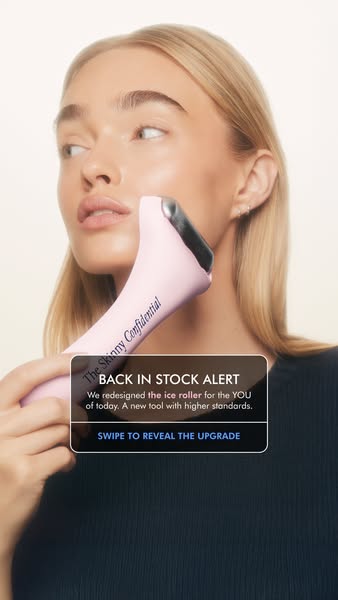 This ad features a woman demonstrating an ice roller. The ad announces that the brand redesigned the ice roller and enco