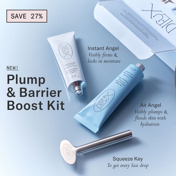 This ad is for Dieux's Plump & Barrier Boost Kit, featuring two skincare products and a tool designed to dispens