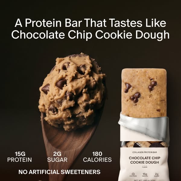 This image ad promotes a collagen protein bar that tastes like chocolate chip cookie dough and highlights the bar's 