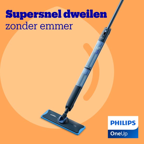 A clean image ad promoting the Philips OneUp mop, highlighting its feature of mopping quickly without needing a bucket.