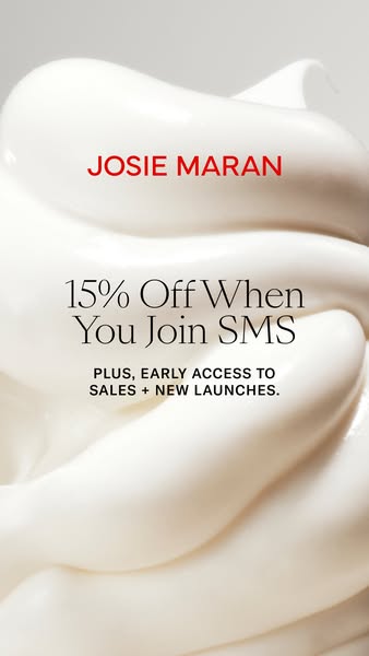 This Josie Maran image ad promotes a discount of 15% off when a user joins SMS. The ad also mentions early access to sal