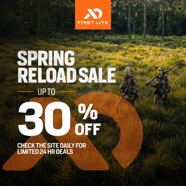This image ad is promoting First Lite's Spring Reload Sale with up to 30% off. It features a couple in camouflage hu