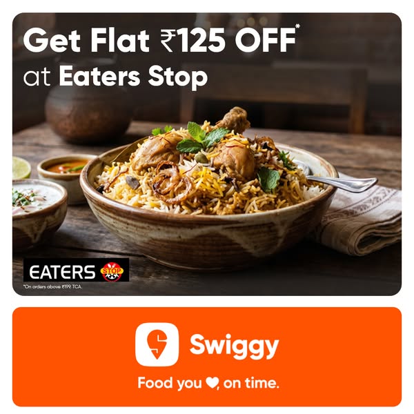 This image ad for Swiggy promotes a flat discount of ₹125 OFF at Eaters Stop when ordering above ₹199.